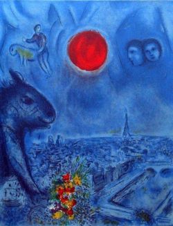 Peinture sur toile de Marc Chagall Red Sun Over Paris C.1977 reproduction peinte à la main