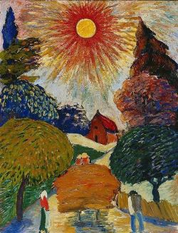 Marianne von Werefkin, Gleissende Sonne über Heuwagen reproduction peinte à la main