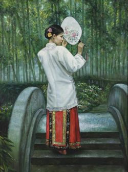 Peinture sur toile de May Lim, Jeune Femme à l'éventail reproduction peinte à la main