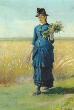 Michael Ancher A Young Girl In A Blue Dress On A Field Holding Wild Flowers In Her Hand reproduction peinte à la main