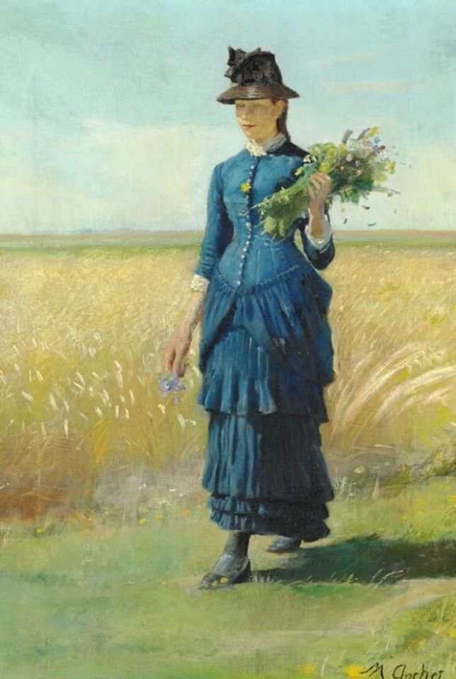 Michael Ancher A Young Girl In A Blue Dress On A Field Holding Wild Flowers In Her Hand