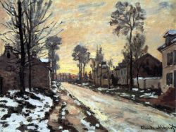 Peinture sur toile de Monet Route Vers Louveciennes Neige Fondant Enfant Coucher De Soleil reproduction peinte à la main