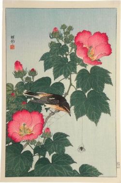 Ohara Koson Fly-catcher On Rose Mallow Watching Spider C.1932 reproduction peinte à la main
