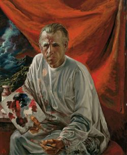 Otto Dix Self-portrait With A Palette In Front Of A Red Curtain reproduction peinte à la main