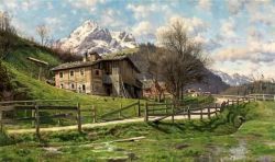 Peder Mørk Mønsted, Landscape with Farm in Werfen, 1899 reproduction peinte à la main