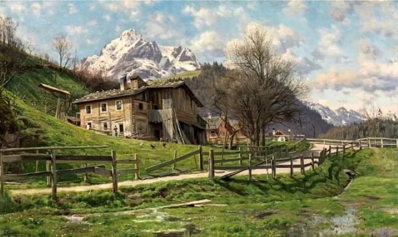 Peder Mørk Mønsted, Landscape with Farm in Werfen, 1899