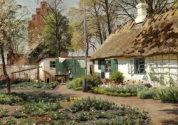 Peder Mork Monsted An Early Spring Day At A Thatched Farm In The Village Kirke V Rlose 1917 reproduction peinte à la main