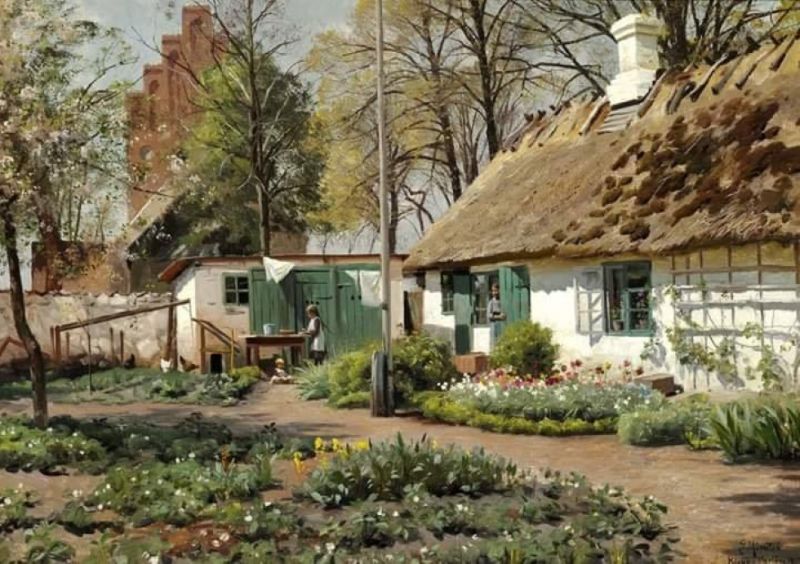 Peder Mork Monsted An Early Spring Day At A Thatched Farm In The Village Kirke V Rlose 1917