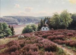 Peder Mork Monsted, Landscape with Sheep Grazing in the Heath in Virklund, Jutland, 1923 reproduction peinte à la main