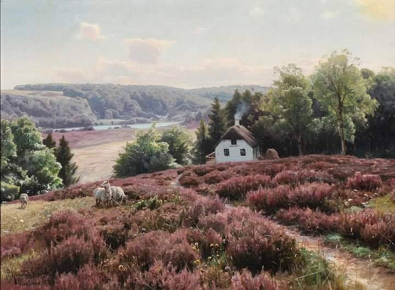 Peder Mork Monsted, Landscape with Sheep Grazing in the Heath in Virklund, Jutland, 1923