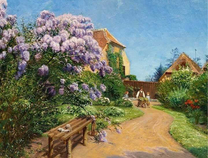 Peder Mork Monsted, Un homme et deux enfants dans un jardin avec du lilas en fleur - 1900