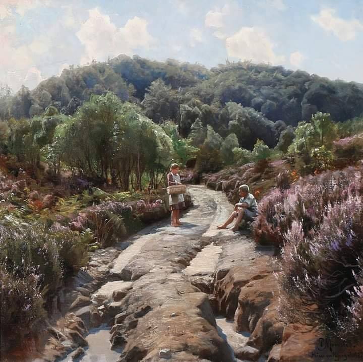 Peder Mork Monsted, Une jeune fille parlant avec un jeune homme sur un sentier ensoleillé - 1927