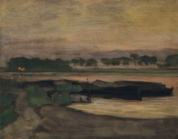 Peinture sur toile de Piet Mondrian, Aan Ouderkerkerdijk bij de Omval in de Avond II, 1906-07 reproduction peinte à la main