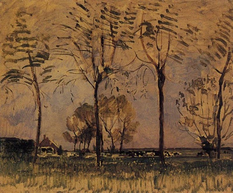 Piet Mondrian Farm Setting Four Tall Trees In The Foreground C. 1907