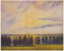 Peinture sur toile de Pissarro, Coucher de soleil à Eragny reproduction peinte à la main