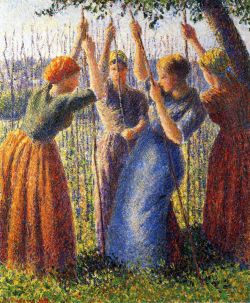 Peinture sur toile de Pissarro, Paysannes plantant des pieux reproduction peinte à la main