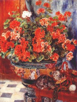Peinture sur toile de Renoir, Géraniums et chats reproduction peinte à la main