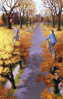 Peinture sur toile de Rob Gonsalves Autumn Cycling reproduction peinte à la main