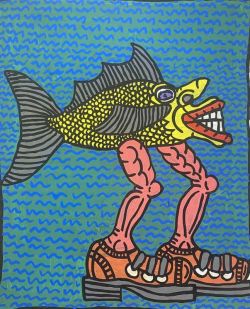 Peinture sur toile de Robert Combas Monsieur Poisson Grosse Chaussures reproduction peinte à la main