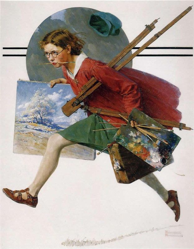 Rockwell, Fille courant avec une toile humide - Girl Running with Wet Canvas