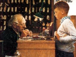 Peinture sur toile de Rockwell, L'horloger Suisse - The watchmaker of Switzerland reproduction peinte à la main