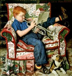 Peinture sur toile de Rockwell, La pratique de la trompette - Trumpet Practice reproduction peinte à la main