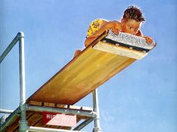 Peinture sur toile de Rockwell, Le grand plongeoir - Boy on high dive reproduction peinte à la main