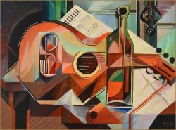 Serge Magnin Cubist Still Life With Guitar reproduction peinte à la main