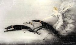 Speed - An Art Deco Flapper Running With Greyhounds Louis Icart reproduction peinte à la main