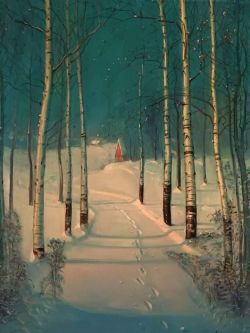 Sven Svendsen Footprints In Snow By Birch Trees reproduction peinte à la main