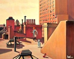 Peinture sur toile de Tintin Hopper City Roof Par Xavier Marabout reproduction peinte à la main
