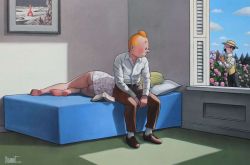 Peinture sur toile de Tintin Hopper Excursion En Philosophie Avec Le Professeur Tournesol Par Xavier Marabout reproduction peinte à la main