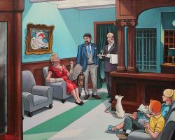 Peinture sur toile de Tintin Hopper Hotel Lobby Par Xavier Marabout reproduction peinte à la main