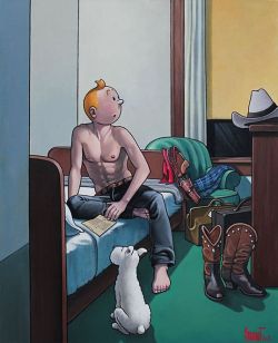 Peinture sur toile de Tintin Hopper Hotel Room Par Xavier Marabout reproduction peinte à la main