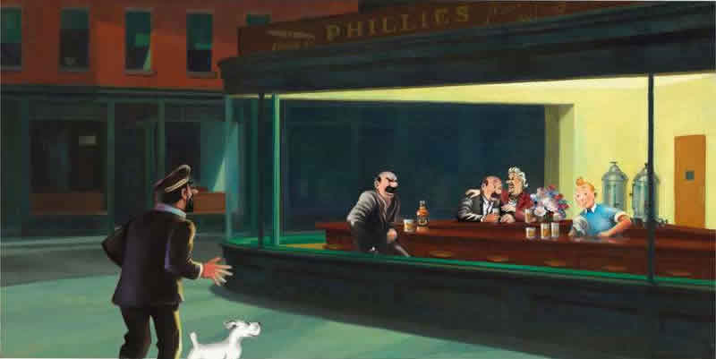 Tintin Hopper Nighthawks Oiseaux De Nuit - Le Capitaine Haddock Et Les Duponts Par Xavier Marabout