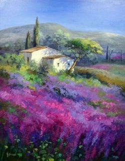 Ute Herrmann Lilac Field In The South Of France reproduction peinte à la main