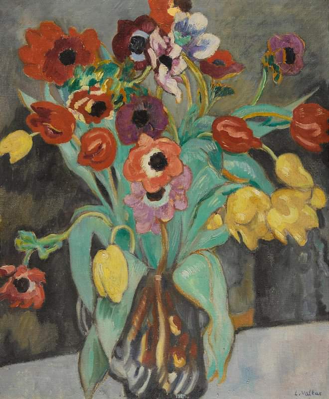Valtat Louis Anemones Et Tulipes Dans Un Vase Bleu Ca. 1912