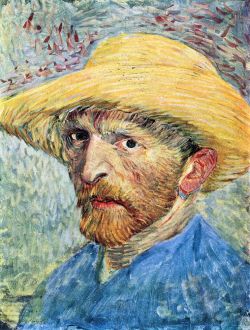 Peinture sur toile de Van Gogh, Autoportrait avec chapeau de paille et chemise bleue reproduction peinte à la main