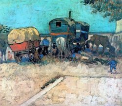Peinture sur toile de Van Gogh, Camp de gitans avec leur carriolles à cheval reproduction peinte à la main