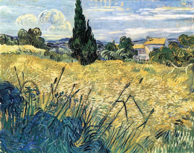 Van Gogh, Champ de blé vert avec des cyprès