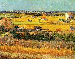 Peinture sur toile de Van Gogh, Récoltes à La Crau avec Montmajour en fond reproduction peinte à la main