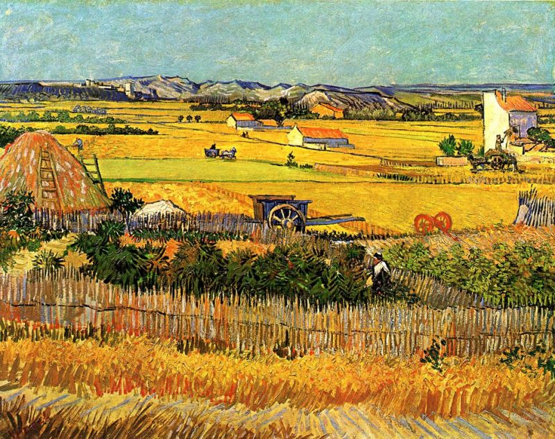 Van Gogh, Récoltes à La Crau avec Montmajour en fond