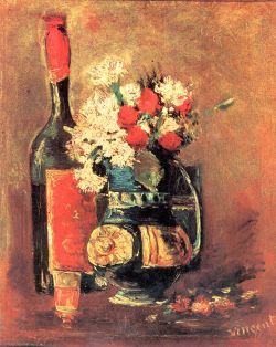 Peinture sur toile de Van Gogh,  Vase avec oeillets blancs, roses et bouteille reproduction peinte à la main