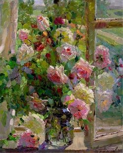 Victor Zundalev Untitled - Il Bouquet Sul Davanzale Con La Finestra Aperta reproduction peinte à la main