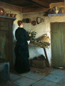 Viggo Johansen Kitchen Interior - The Artist Wife Arranging Flowers - 1884 reproduction peinte à la main