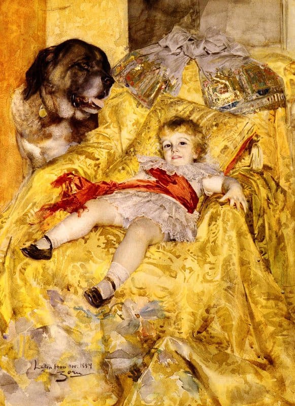 Zorn Anders A Portrait Of Christian De Falbe With A Saint Bernard At Luton Hoo 1884