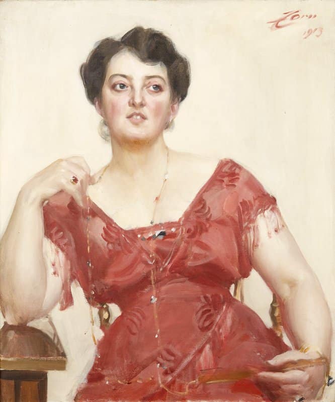 Zorn Anders Elegant Lady In Shiny Cream Red Silk Dress - Mrs. Dagny Pineus